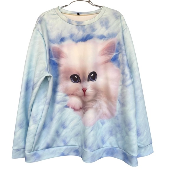 Tops - Cute Kitten Graphic Sweatshirt Womens 4XL Blue Cloud Print Pullover Top Cat